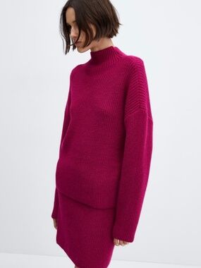 Mango Mockneck Magenta Thick Knit Sweater Size M EUC